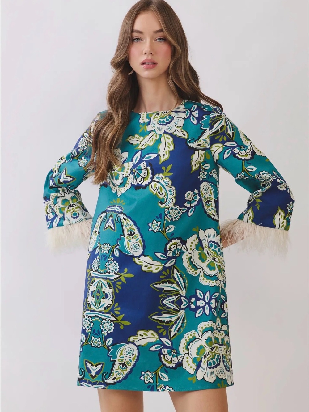 LOVE! Feather Trim Cuffed Jewel Tone Paisley Shift Dress Sz S M L Tuckernuck - Picture 6 of 8